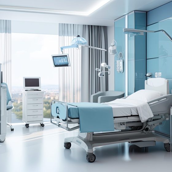 Hospital room with bed and equipment. 3d rendering image, Interior of a modern hospital room with medical equipment. 3d rendering, AI Generated
